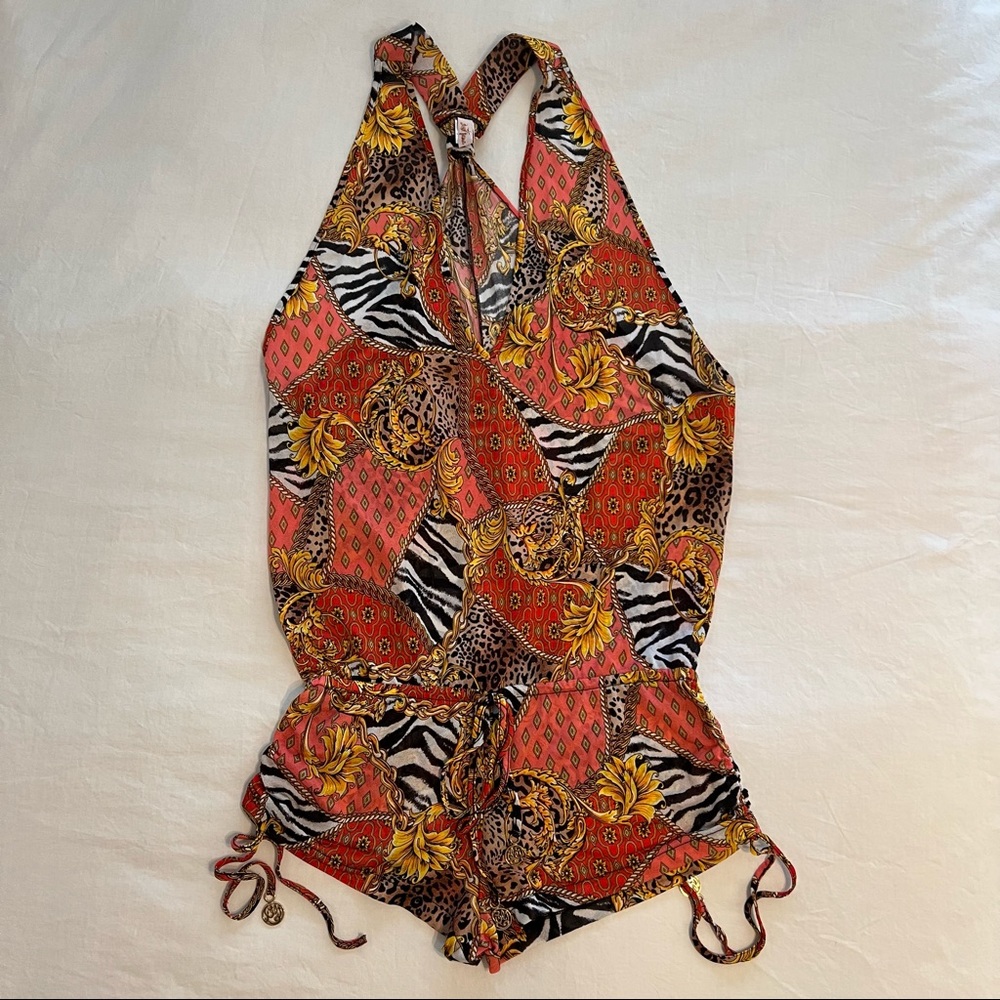 NWOT Luli Fama Dancing In Paradise T-Back Romper Red/ Orange Medium Swim Coverup
